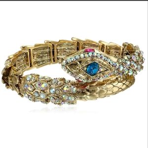 Betsey Johnson Rare Creepshow Gold Tone Crystal Snake Stretch Bracelet